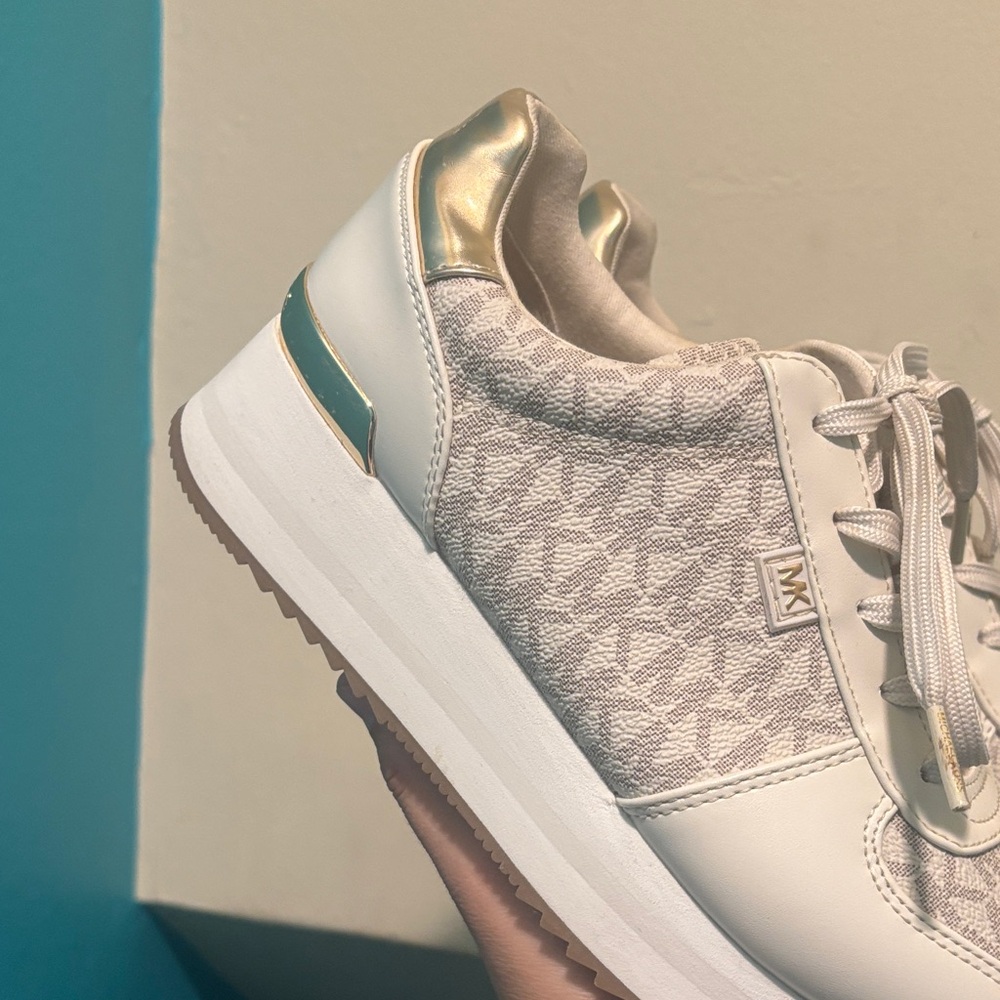 Michael Kors Cream and Gold Logo Wedge Sneakers - Picture 2 of 8